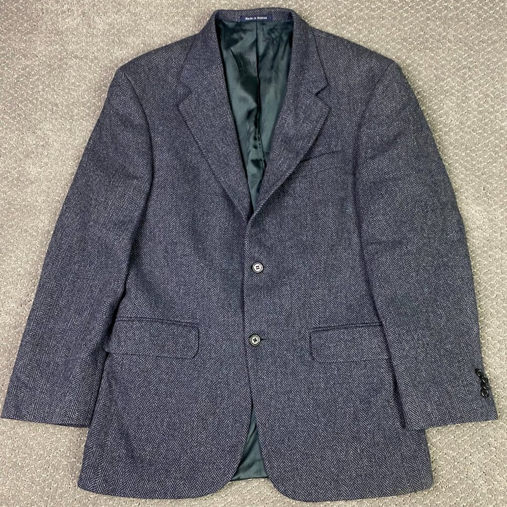 Lands End Lambs Wool Herringbone Tweed Blazer Sport Coat Men's 39R Blue Black